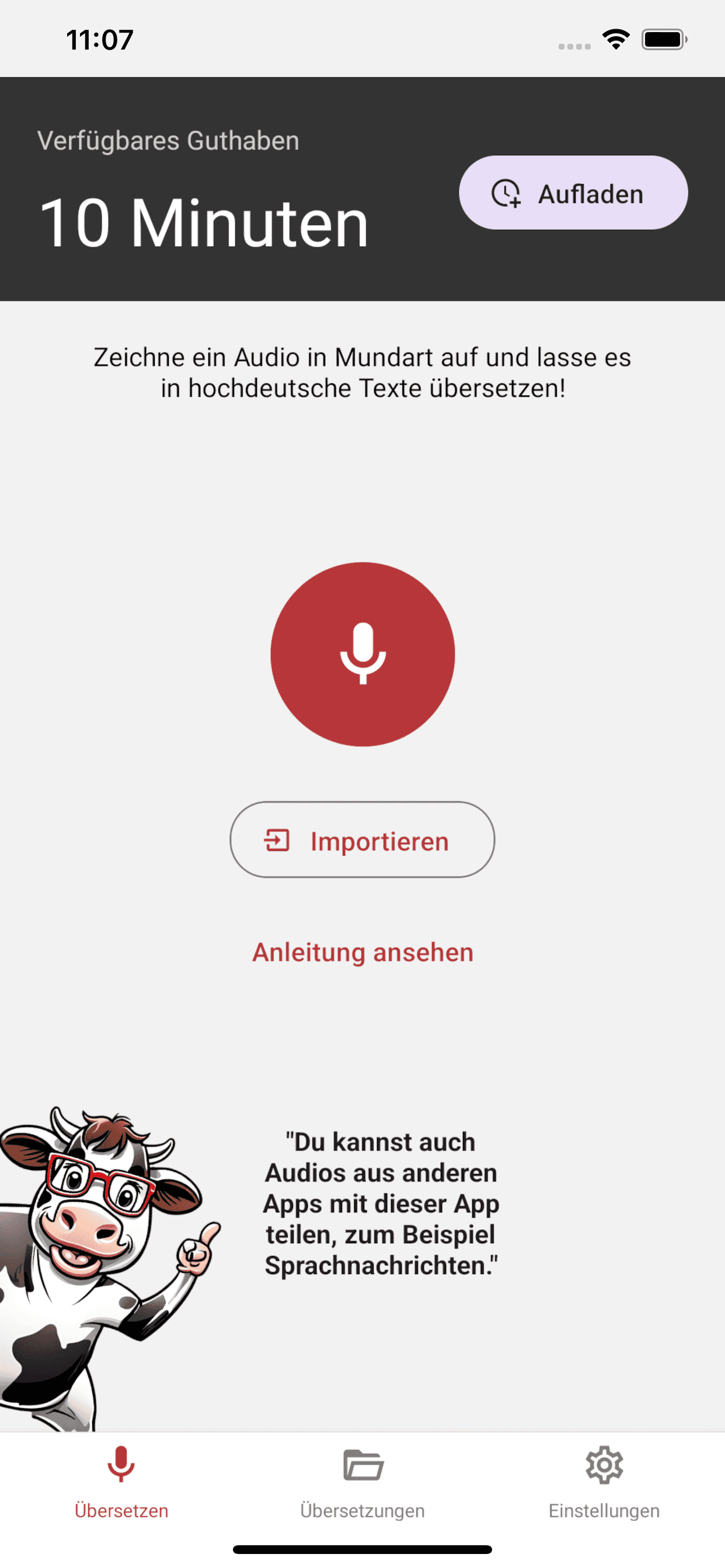 Screenshot der Schweizerdeutsch Übersetzer App, wo der Hauptbildschirm mit dem Button für die Audio-Aufzeichnung zu sehen ist